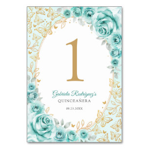 Türkisfarbene Goldene Florale Quinceanera Tischnummer