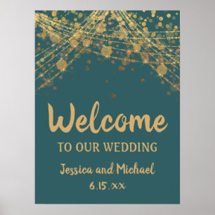 Türkisfarbene Goldene Lichterketten Bokeh Hochzeit Poster
