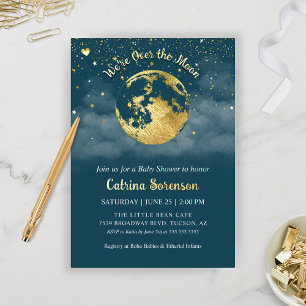 Türkisfarbene Goldene Über dem Mond Baby Shower Folieneinladung