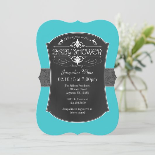 Türkisfarbene Graue Kopfpappe Kinderdusche Einladu Einladung (Stehend Vorderseite)