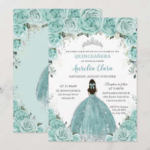 Türkisfarbene Grüne Florale Prinzessin Silber Quin Einladung