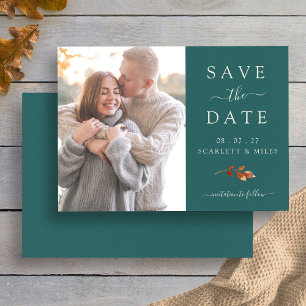 Türkisfarbene Herbstblätter Foto Hochzeitseinladun Save The Date