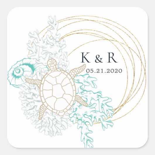 Türkisfarbene Hochzeit am Meer Quadratischer Aufkleber (Vorderseite)