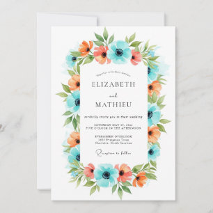Türkisfarbene Korallen-Blumenwiese Hochzeit Einladung