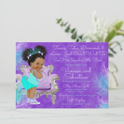 Türkisfarbene Lila Afro Puff Babydusche Wasserfarb Einladung (Stehend Vorderseite)