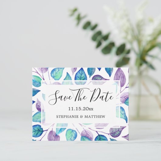 Türkisfarbene Lila Blätter, die das Datum speicher Ankündigungspostkarte