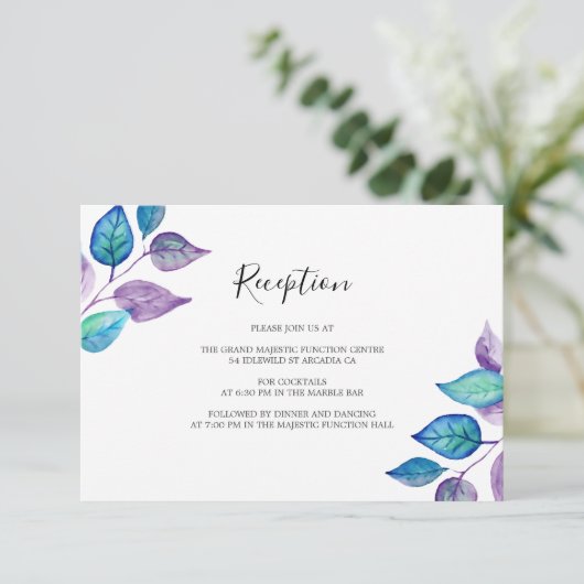 Türkisfarbene Lila Blätter Hochzeitsempfang Begleitkarte (Stehend Vorderseite)
