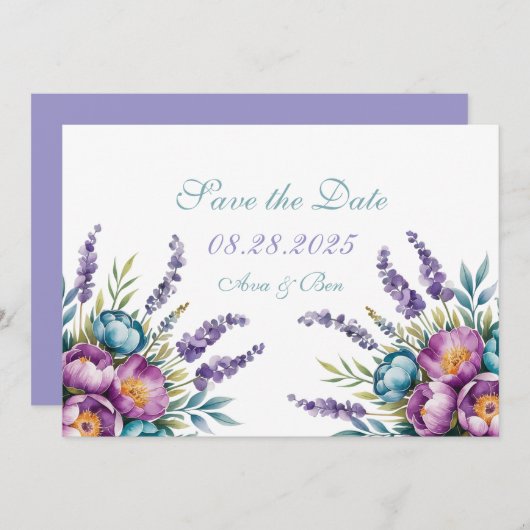 Türkisfarbene Lila Wildblumen Hochzeit Save The Date (Vorne/Hinten)