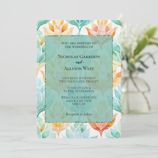 Türkisfarbene Mandarine Abstrakte Blumenhochzeit Einladung (Stehend Vorderseite)