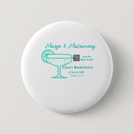 Türkisfarbene Margs & Matrimony Junggesellinnenabs Button (Vorderseite)