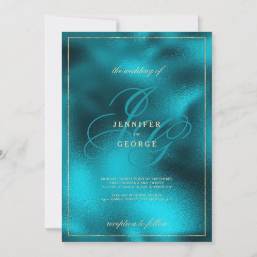 Türkisfarbene Metallic-Monogramm-Initialen Hochzei Einladung (Vorderseite)