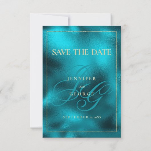 Türkisfarbene Metallic-Monogramm-Initialen Save th Save The Date (Vorderseite)