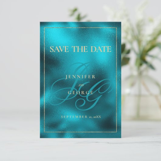 Türkisfarbene Metallic-Monogramm-Initialen Save th Save The Date (Stehend Vorderseite)