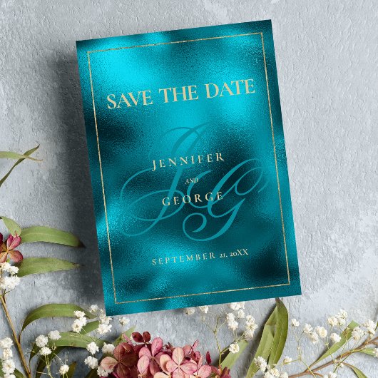 Türkisfarbene Metallic-Monogramm-Initialen Save th The Date