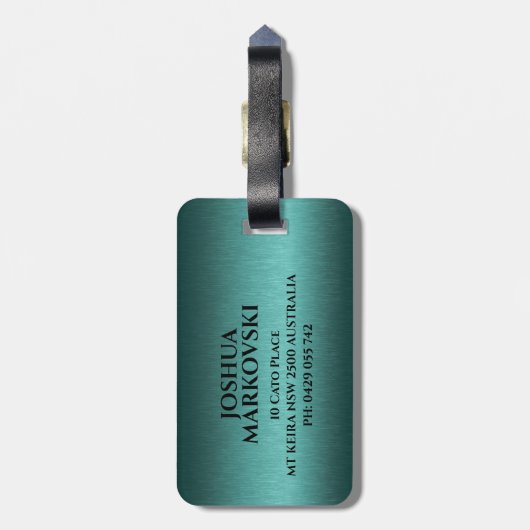 Türkisfarbene Metallic Textur Custom Black Typogra Gepäckanhänger (Rückseite vertikal)