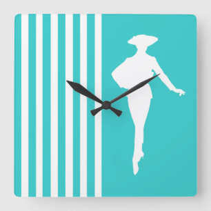 Türkisfarbene moderne Streifen mit Mode-Silhouette Quadratische Wanduhr