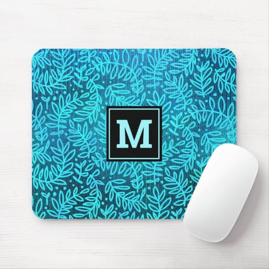 Türkisfarbene Monogramm-Blätter Mousepad (Mit Mouse)