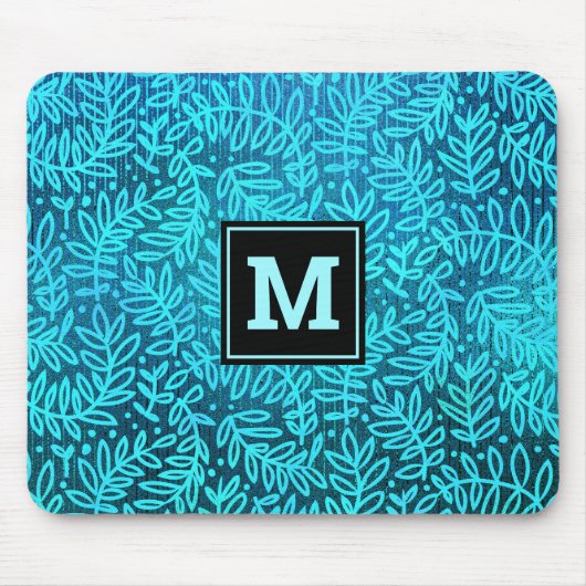 Türkisfarbene Monogramm-Blätter Mousepad (Vorne)