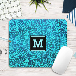 Türkisfarbene Monogramm-Blätter Mousepad