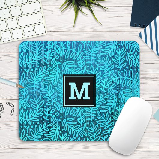 Türkisfarbene Monogramm-Blätter Mousepad