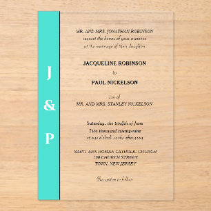 Türkisfarbene Monogramm-Brille und Brotklar Acryleinladungen