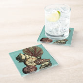 Türkisfarbene Muschel und Rote Koralle Glasuntersetzer (Schrägansicht)