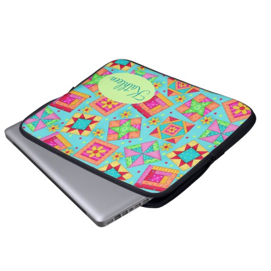Türkisfarbene Patchwork-Quiltblöcke kundenspezifis Laptopschutzhülle (Vorne Knopf)