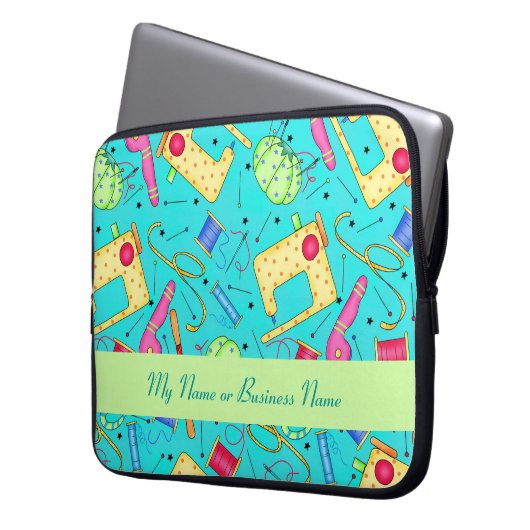Türkisfarbene, personalisierbare Nähschlacke Laptopschutzhülle (Vorderseite Links)