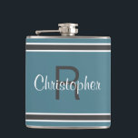 Türkisfarbene Personalisierte Monogrammbezeichnung Flachmann<br><div class="desc">Single Initial & Name Mit Monogramm Edelstahlflaschen sind zeitlos, klassisch und stilvoll. Unser einzigartiges Design ist das perfekte personalisierte Geschenk für diesen besondere Anlass. Bestellen Sie unsere integrierte Kollektion von koordinierenden Farben und Golf - Sportzubehör. Eine individuell mit Monogramm Initial- und Namenskombination wird in türkisfarbenem und grauem Design ergänzt. Die...</div>
