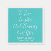 Türkisfarbene Personalisierte Script-Hochzeitsempf Serviette (Vorderseite)