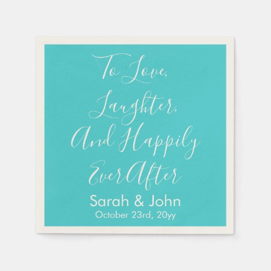 Türkisfarbene Personalisierte Script-Hochzeitsempf Serviette (Vorderseite)
