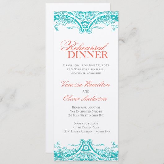 Türkisfarbene Probe Abendessen Einladung (Vorne/Hinten)