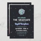 Türkisfarbene Retro-Discoball-Flache Graduierungsp Einladung (Vorne/Hinten)