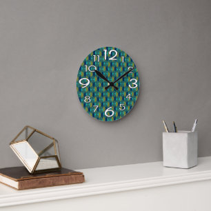 Türkisfarbene Retro-Ovale und Halbkreise Runde Wanduhr