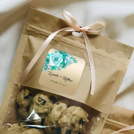 Türkisfarbene Romantische Rose auf Goldhochzeit Quadratischer Aufkleber