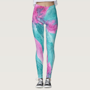 Türkisfarbene rosa abstrakte hawaiianische Blumen Leggings