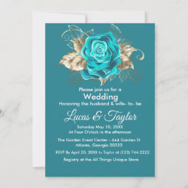 Türkisfarbene Rose & Goldene Federn Einladung Hoch