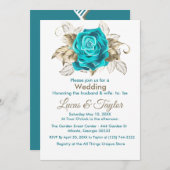 Türkisfarbene Rose & Goldene Federn Einladung Hoch (Vorne/Hinten)