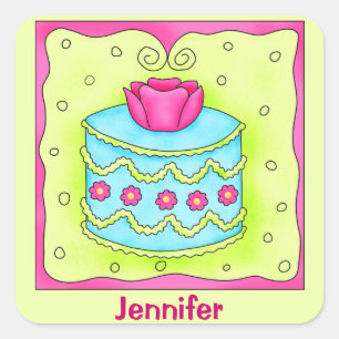Türkisfarbene Rose Happy Birthday Cake Monogram Quadratischer Aufkleber