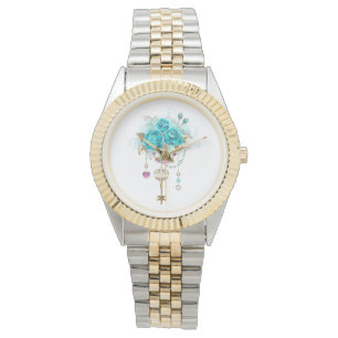 Türkisfarbene Rose mit Tasten Armbanduhr