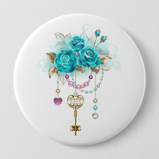 Türkisfarbene Rose mit Tasten Button (Vorderseite)