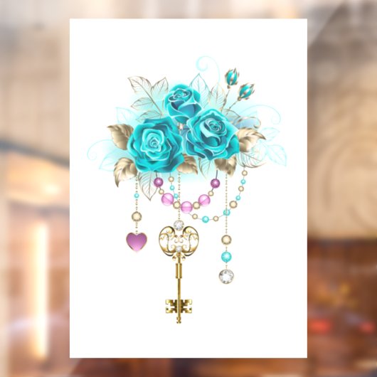 Türkisfarbene Rose mit Tasten Fensteraufkleber (Blatt 2)