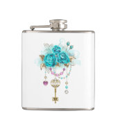 Türkisfarbene Rose mit Tasten Flachmann (Vorderseite)