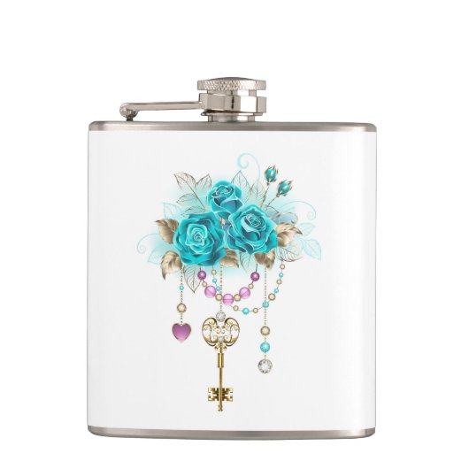 Türkisfarbene Rose mit Tasten Flachmann (Vorderseite)