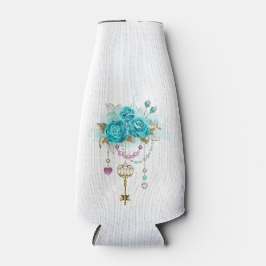 Türkisfarbene Rose mit Tasten Flaschenkühler (Vorderseite)