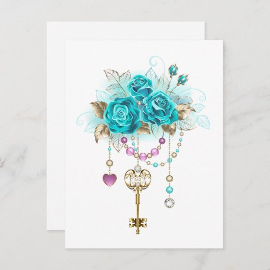 Türkisfarbene Rose mit Tasten Hinweiskarte (Vorne/Hinten)