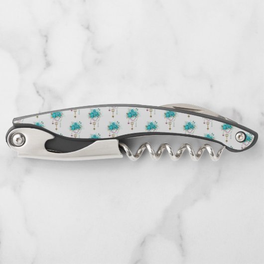 Türkisfarbene Rose mit Tasten Kellnermesser (Vorderseite)