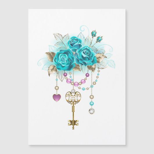 Türkisfarbene Rose mit Tasten Magneteinladung (Vorderseite)