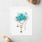 Türkisfarbene Rose mit Tasten Mitteilungskarte (Vorderseite/Rückseite Beispiel)