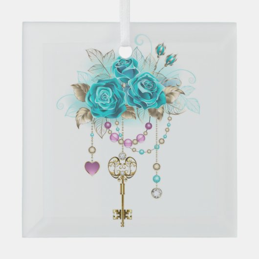 Türkisfarbene Rose mit Tasten Ornament Aus Glas (Vorderseite)